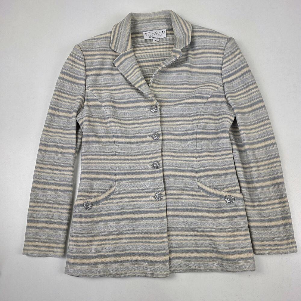 St John Collection Blazer Womens 8 Gray‎ Beige Striped Knit Button Front Jacket
